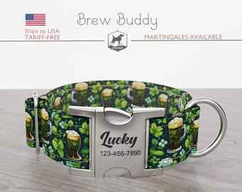 Personalized Wide Dog Collar 1, 1.5, 2 inch, Saint Patrick's Day, Clover Leaf Pattern, Green Color, Brew Buddy, Quick Release Metal Buckle