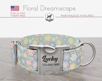 Personalized Dog Collar, Floral Pattern, Multi-Color Pastels, Floral Dreamscape, Quick Release Metal Buckle, Spring