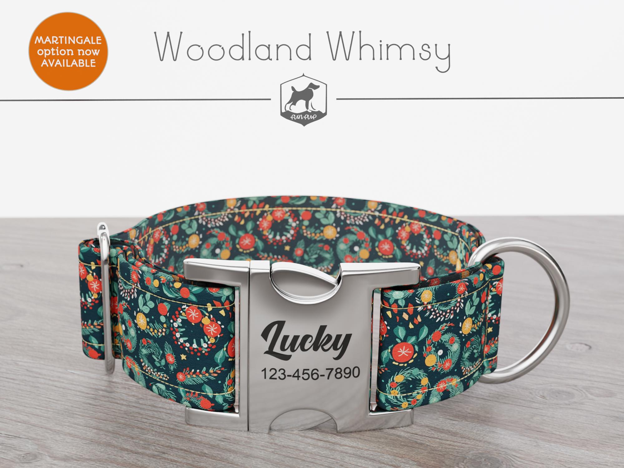 Christmas Dog Collar, Holiday Wreath, Regular/Martingale, Handmade, Wide  1, 1.5, 2 inch, Woodland Whimsy, Quick Release Metal Buckle