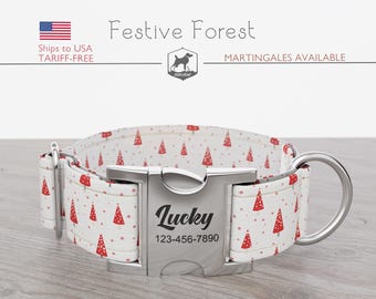 Christmas Dog Collar, Christmas Trees, Regular/Martingale, Handmade, Wide  1, 1.5, 2 inch, Festive Forest, Quick Release Metal Buckle