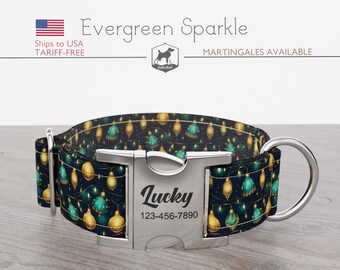 Christmas Dog Collar, Ornaments, Lights, Regular/Martingale, Handmade, Wide  1, 1.5, 2 inch, Evergreen Sparkle, Quick Release Metal Buckle