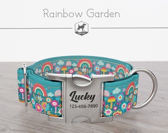 Personalized Wide Dog Collar 1, 1.5, 2 inch, Rainbow and Flowers, Multi- Color, Rainbow Garden, Quick Release Metal Buckle