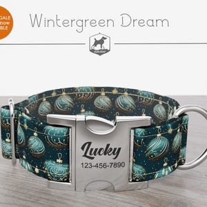 Christmas Dog Collar, Tree Ornaments, Regular/Martingale, Handmade, Wide  1, 1.5, 2 inch, Wintergreen Dream, Quick Release Metal Buckle