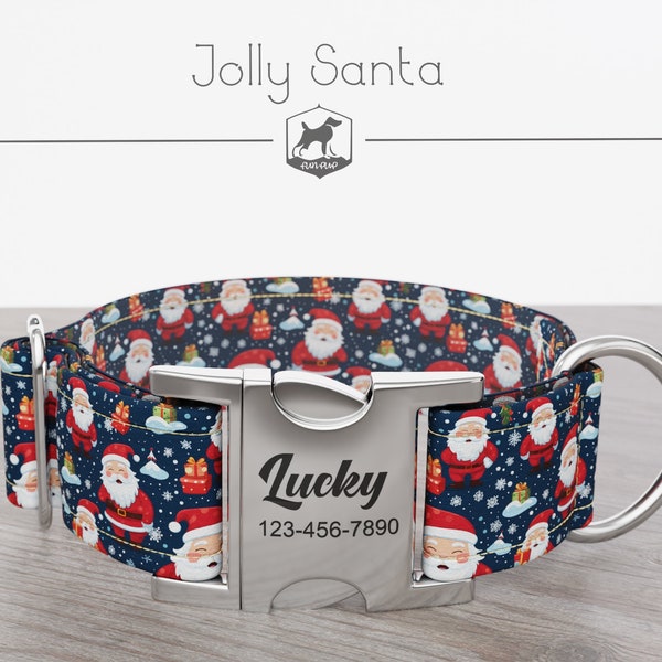 Christmas Dog Collar: 1, 1.5, 2 inch wide, Holiday, Santa Pattern, Red Blue Color, Jolly Santa, Personalized  Metal Buckle