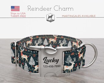 Winter Dog Collar, Reindeers, Regular/Martingale, Handmade, Wide  1, 1.5, 2 inch, Reindeer Charm, Quick Release Metal Buckle