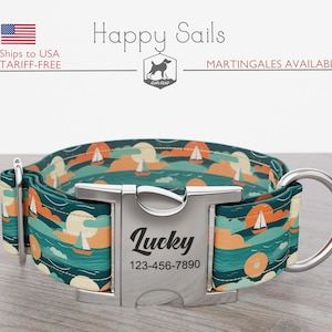 Collar para perro Boats, regular/martingala, hecho a mano, ancho de 1, 1,5 y 2 pulgadas, Happy Sails, hebilla metálica de liberación rápida