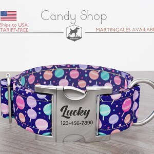 Collare per cani con motivo a caramelle, modello regolare/martingale, fatto a mano, largo 1, 1,5, 2 pollici, Candy Shop, fibbia in metallo a sgancio rapido