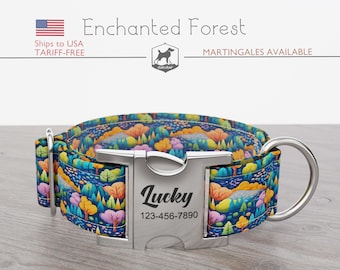 Summer Landscape Dog Collar, Regular/Martingale, Handmade, Wide  1, 1.5, 2 inch, Enchanted Forest, Quick Release Metal Buckle