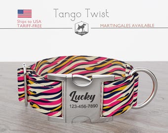 Personalized Dog Collar, Abstract Pattern, Black/Pink/Yellow/White Color, Tango Twist, Quick Release Metal Buckle