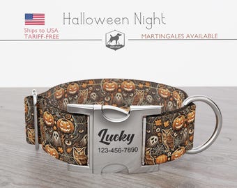 Halloween Dog Collar, Regular/Martingale, Owl, Pumpkin, Handmade, Wide  1, 1.5, 2 inch, Halloween Night, Quick Release Metal Buckle