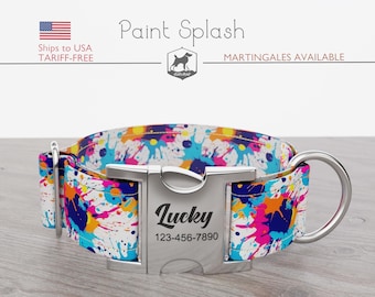 Paint Splatter Dog Collar, Regular/Martingale, Handmade, Wide  1, 1.5, 2 inch, Paint Splash, Quick Release Metal Buckle