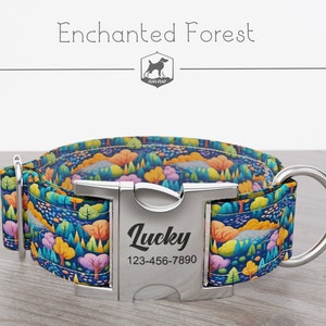 Personalized Wide Dog Collar 1, 1.5, 2 inch, Landscape, Trees, Multi-Color, Enchanted Forest, Quick Release Metal Buckle