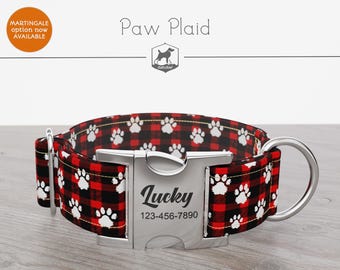 Christmas Dog Collar, Regular/Martingale, Plaid, Paw Print, Handmade, Wide  1, 1.5, 2 inch, Paw Plaid, Quick Release Metal Buckle