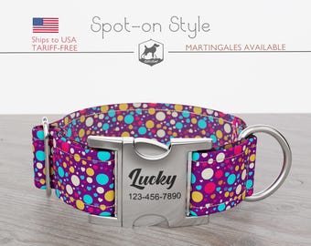 Personalized Wide Dog Collar 1, 1.5, 2 inch, Polka Dot Pattern, Purple and Multi-Color, Spot-on Style, Quick Release Metal Buckle