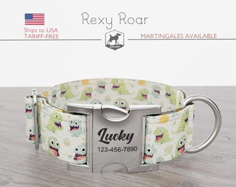 Dinosaur Dog Collar, Regular/Martingale, Handmade, Wide  1, 1.5, 2 inch, Rexy Roar, Quick Release Metal Buckle