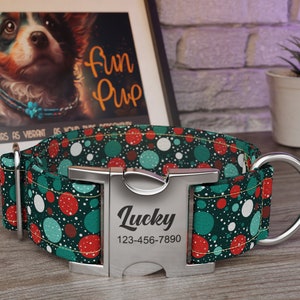 Christmas Dog Collar: 1, 1.5, 2 inch wide, Holiday, Polka Pattern, Green Red Color, Festive Polka Dots, Personalized Metal Buckle