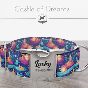 Personalized Wide Dog Collar 1, 1.5, 2 inch, Cartoon Pattern, Purple and Blue Color, Castle of Dreams, Quick Release Metal Buckle