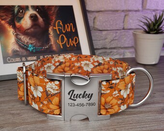 Personalized Wide Dog Collar 1, 1.5, 2 inch, Fall, Autumn, Floral Pattern, Orange White Color, Whimsical Autumn, Quick Release Metal Buckle