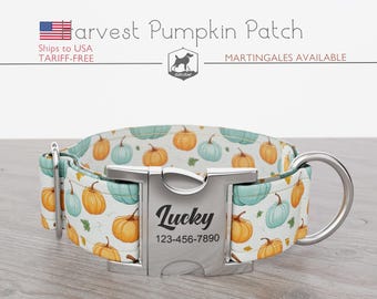 Thanksgiving Pumpkins Dog Collar, Regular/Martingale, Handmade, Wide  1, 1.5, 2 inch, Harvest Pumpkin Patch, Quick Release Metal Buckle