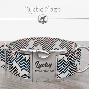 Personalized Wide Dog Collar 1, 1.5, 2 inch, Zig-Zag Pattern, White and Black Color, Mystic Maze, Quick Release Metal Buckle