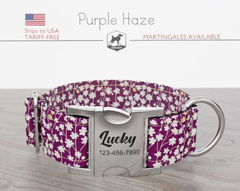 Spring Personalized Dog Collar, Floral Pattern, Purple and White Pet Collar, Purple Haze, Quick Release Metal Buckle