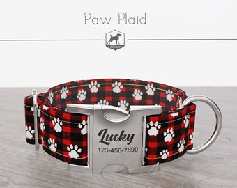 Christmas Dog Collar: 1, 1.5, 2 inch wide, Holiday, Plaid Pattern, Red White Black Color, Paw Plaid, Personalized Metal Buckle