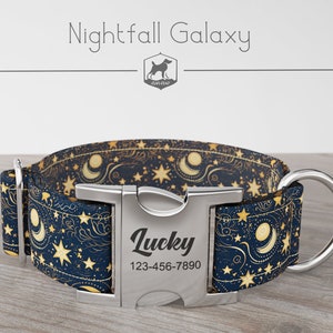 Personalized Wide Dog Collar 1, 1.5, 2 inch, Celestial, Dark Navy Blue and Yellow Color, Nightfall Galaxy, Quick Release Metal Buckle