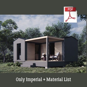 Tiny house-plannen 16'x20' PDF met 1 slaapkamer, 224 SF woonruimte, dek 96 SF, moderne huthuisplannen, keizerlijke architectonische plannen