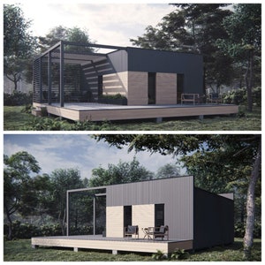 Tiny house plans 30’x20’ PDF with 2 bedroom and 1 bathroom, 600 SF living space, deck 120 SF, Imperial blueprints, Modern cabin house plans