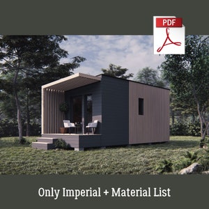 22' x 10' Tiny house plans PDF with 1 bedroom and 1 bathroom, 220 SF living space, deck 50 SF, Imperial blueprints, Modern cabin house plans