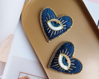 All seeing eye Embroidery brooch Shawl pin Heart pin Heart shaped pin Evil eye brooch Scarf pin Beaded brooch Embroidered brooch Eye brooch