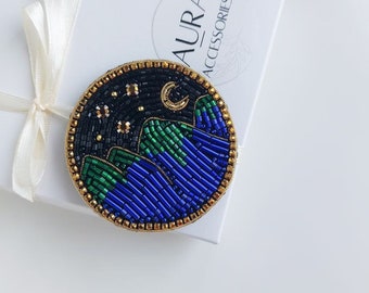 Embroidery brooch mountain. nature jewelry, skiing Bead custom personalized pin . Handmade embroidered lapel pin . beaded brooch pin