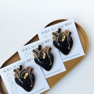 Gift for girlfriend Embroidery brooch Anatomycal velvet  black heart .Bead custom personalized Handmade embroidered heart lapel pin . beaded