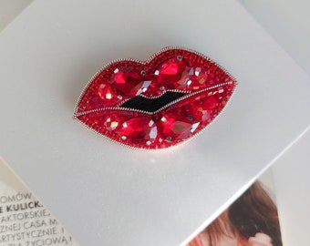 Embroidery brooch red lip .Bead custom  pin personalized  . Handmade embroidered lapel pin. Makeup artist gift . Jewelry pin up