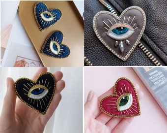 Heart pin All seeing eye Embroidery brooch Shawl pin Evil eye brooch Heart shaped pin  Scarf pin Beaded brooch Embroidered brooch Eye brooch