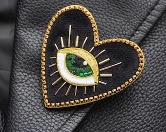 All seeing eye Embroidery brooch Shawl pin Heart pin Heart shaped pin Evil eye brooch Scarf pin Beaded brooch Embroidered brooch Eye brooch