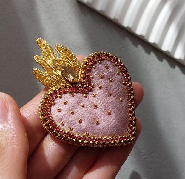 Sacred heart milagros Embroidery brooch Shawl pin Heart pin Heart shaped pin Scarf  pin Beaded brooch Embroidered brooch catholic jewelry