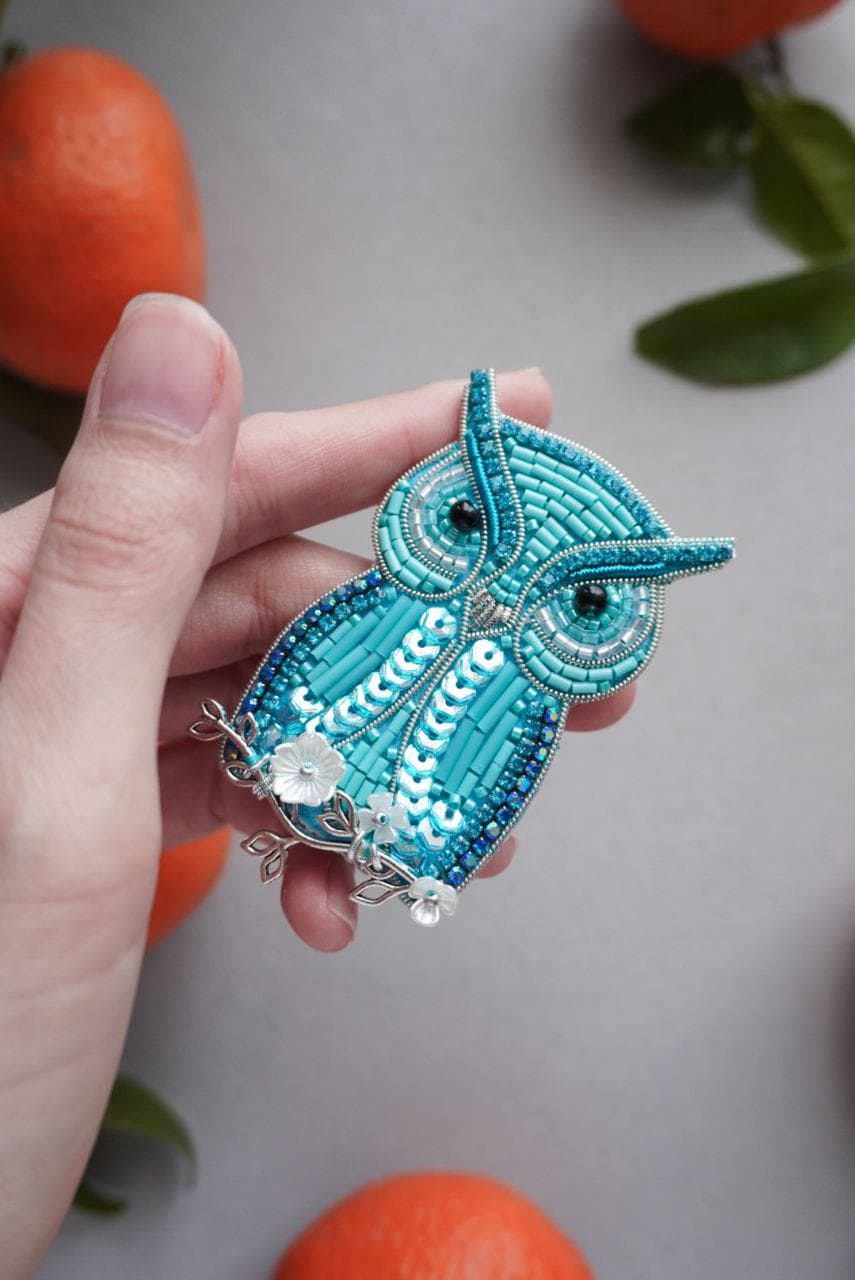 Turquoise Owl Bird Beaded Brooch, Handmade Embroidery Lapel Pin, Crystal Owl Jewelry Gift