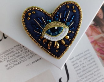 Embroidery brooch Heart pin All seeing eye Shawl pin Evil eye brooch Heart shaped pin  Scarf pin Beaded brooch Embroidered brooch Eye brooch