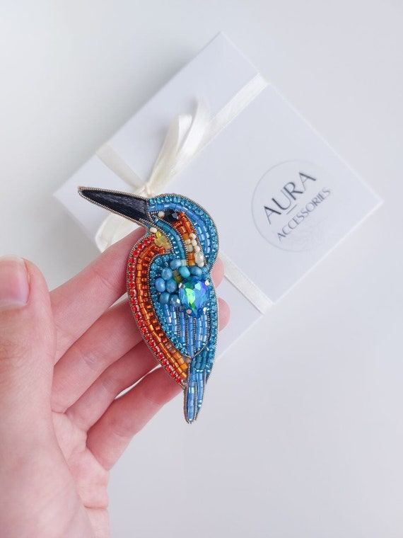 Kingfisher Brooch Beaded Bird Pin, Blue Orange Bead Embroidery Jewelry, Handmade Animal Brooch, Bird Beadwork Accessory