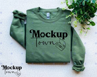 Gildan 18000 Military Green Crewneck Mockup, Sweatshirt Mock up, Flat lay Mockups, Gildan 18000 Mock-up, Sweater mockup, Printful Flatlay