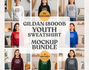 ユース スウェットシャツ モックアップ バンドル、Gildan 18000B モックアップ バンドル、ユース ガールズ＆ボーイズ スウェットシャツ モックアップ、Gildan ユース スウェットシャツ モックアップ バンドル