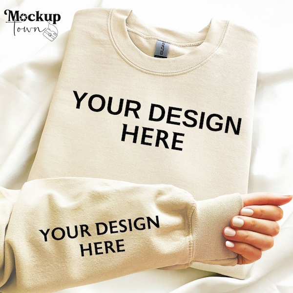 Gildan 18000 Sleeve Mockup, Sand Crewneck Mockup, Sleeve Mockup, Cuff Mockup, Wrist Mockup, Sand Sweatshirt Mockup, Sleeve of Sweatshirt