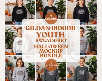 Mockup-bundel Gildan 18000B Halloween-sweatshirt, Gildan 18000B Halloween-mockup, Mockup Yoth-sweatshirt voor meisjes en jongens voor Halloween