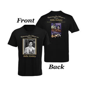 Billie Urlaub | New Orleans Film | Vorne und hinten bedrucktes T-Shirt im Konzertstil, Jazz Age Legends, Black Kino, Harlem Renaissance, T-Shirt