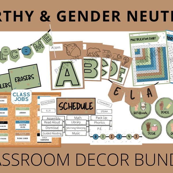 Earthy Gender Neutral Calming Classroom Decor Bundle Male Teacher Friendly