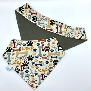 Woof dog bandana with snap adjustable closure