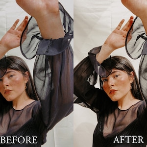 May include: A before and after image showing the difference in skin tone and lighting. The image on the left shows a person wearing a black sheer blouse with ruffled sleeves. The image on the right shows the same person wearing the same blouse with a more even skin tone and brighter lighting. The text "BEFORE" is at the bottom of the left image and the text "AFTER" is at the bottom of the right image.