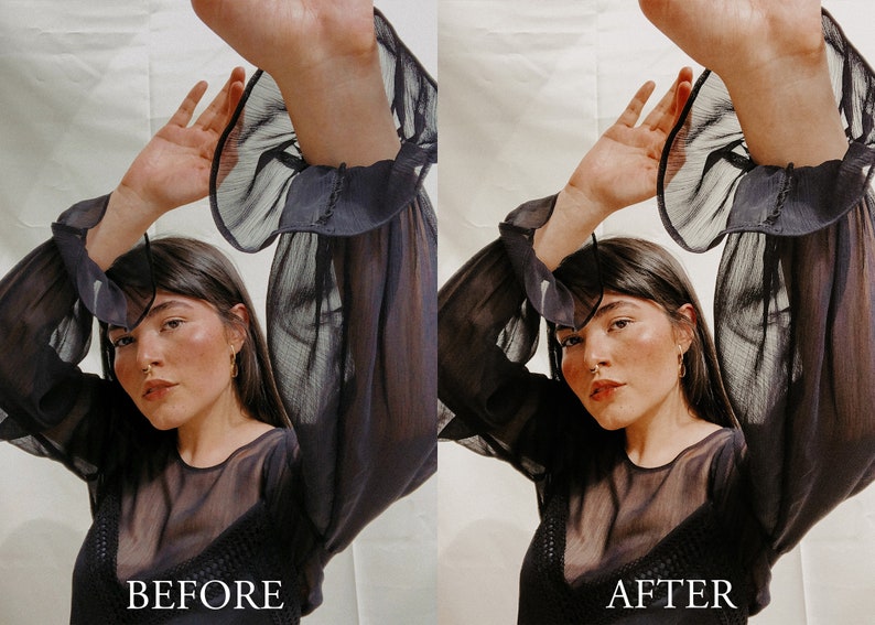 May include: A before and after image showing the difference in skin tone and lighting. The image on the left shows a person wearing a black sheer blouse with ruffled sleeves. The image on the right shows the same person wearing the same blouse with a more even skin tone and brighter lighting. The text "BEFORE" is at the bottom of the left image and the text "AFTER" is at the bottom of the right image.