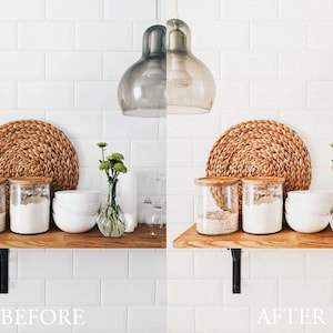 May include: A white tiled kitchen with a wooden shelf. The shelf has two glass jars with lids, a woven round placemat, and a vase with green flowers. The shelf is supported by black metal brackets. The text "BEFORE" is below the shelf.